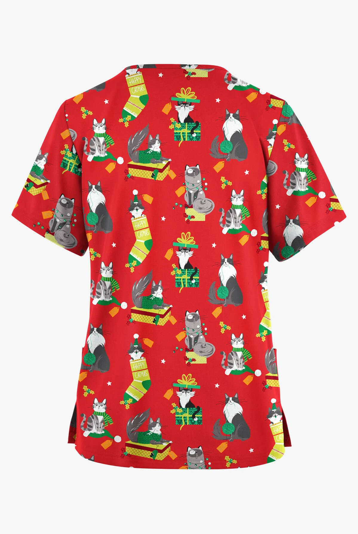 Butter-Soft Originals Playful Christmas Red Women's 2-Pocket Classic Fit V-Neck Printed Scrub Top - Image 2