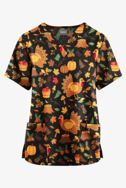 Butter-Soft Originals Pumpkin Hunt Black Printed Women's 2-Pocket Classic Fit V-Neck Scrub Top