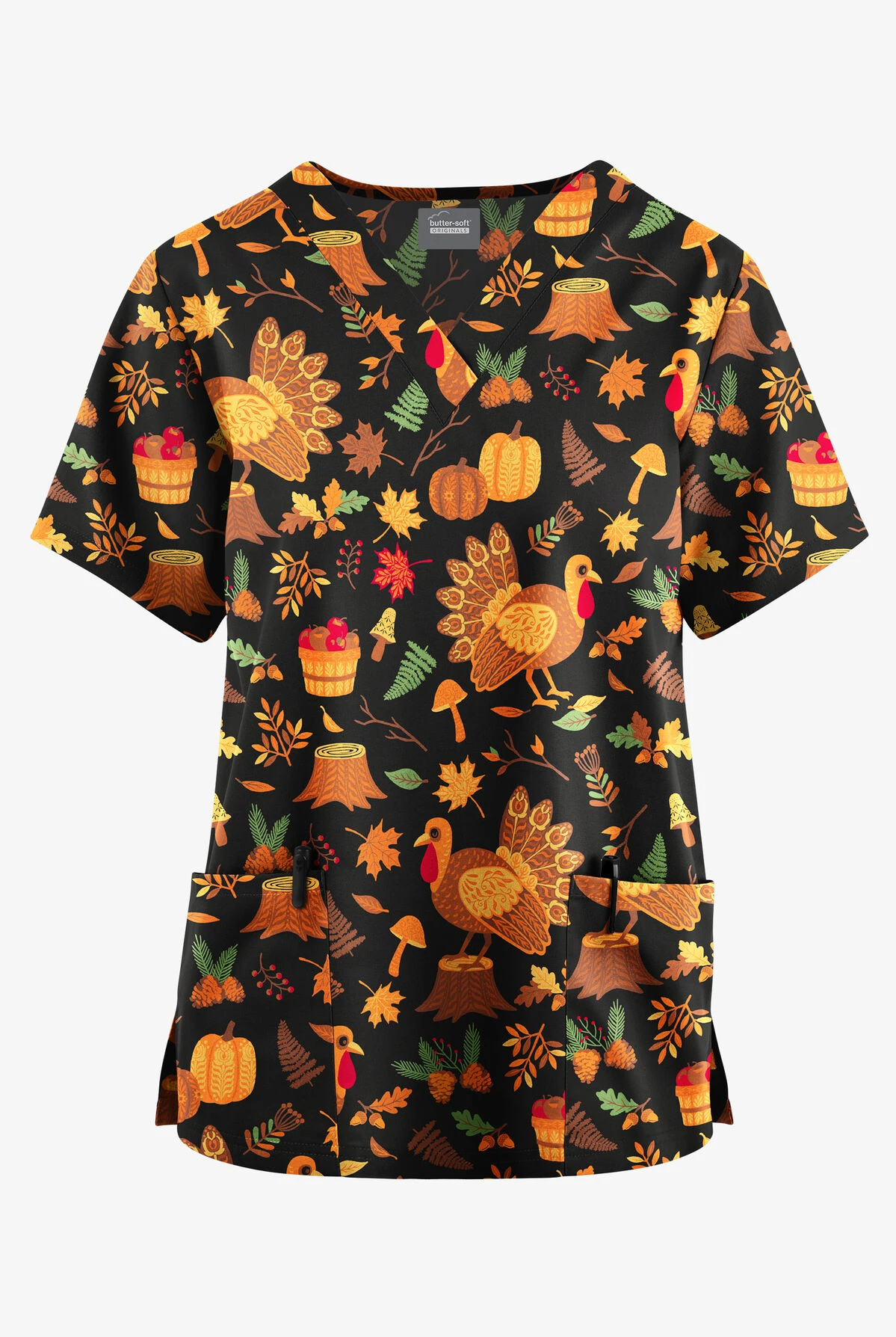 Butter-Soft Originals Pumpkin Hunt Black Printed Women's 2-Pocket Classic Fit V-Neck Scrub Top