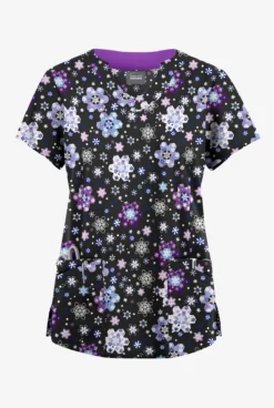 Butter-Soft Originals Winter Nights Black Printed Women's 6-Pocket Scallop Neck Scrub Top
