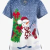 Butter-Soft Originals Festive Snowman Navy Women's 2-Pocket Scallop Neck Printed Scrub Top