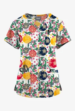 Butter-Soft Originals Baubles And Berries White Printed Women's 7-Pocket Rounded V-Neck Scrub Top