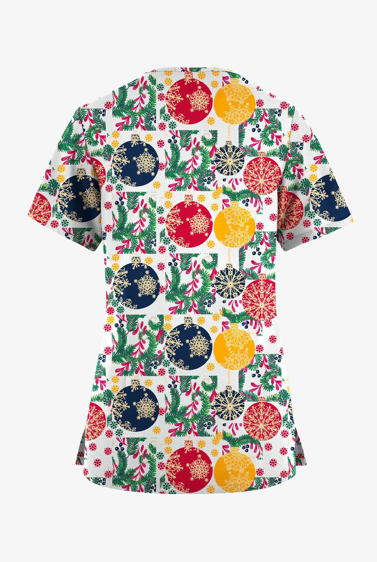 Butter-Soft Originals Baubles And Berries White Printed Women's 7-Pocket Rounded V-Neck Scrub Top - Image 2