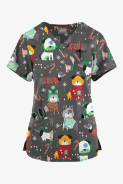 Butter-Soft Originals Cuddly Pups Pewter Women's 7-Pocket Rounded V-Neck Printed Scrub Top