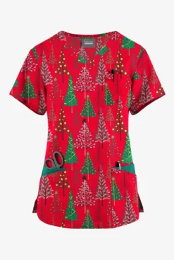 Butter-Soft Originals Holiday Frost Real Red Women's 7-Pocket Rounded V-Neck Printed Scrub Top