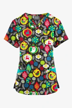 Butter-Soft Originals Jolly Baubles Black Printed Women's 7-Pocket Rounded V-Neck Scrub Top