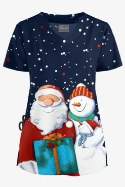 Butter-Soft Christmas Morning Navy Women's 2-Pocket Scallop Neck Print Scrub Top