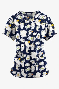 Butter-Soft Originals Halloween Fun Navy Women's 4-Pocket Rounded V-Neck Printed Scrub Top