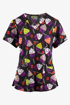 Butter-Soft Originals Halloween Treats Black Printed Women's 4-Pocket Rounded V-Neck Scrub Top