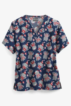 UA Holiday Monsters Navy Women's 2-Pocket V-Neck Print Scrub Top