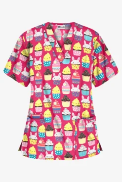 UA Easter Treats Fuchsia Women's 3-Pocket V-Neck Print Scrub Top