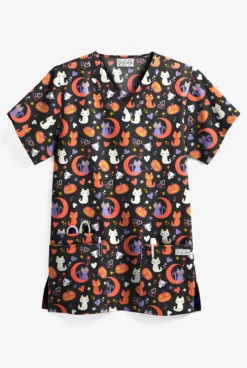 UA Halloween Kitties Black Printed Women's 3-Pocket V-Neck Scrub Top