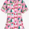 Butter-Soft Happy Monsters Pink Women's 3-Pocket V-Neck Print Scrub Top