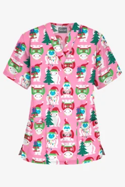 Butter-Soft Happy Monsters Pink Women's 3-Pocket V-Neck Print Scrub Top