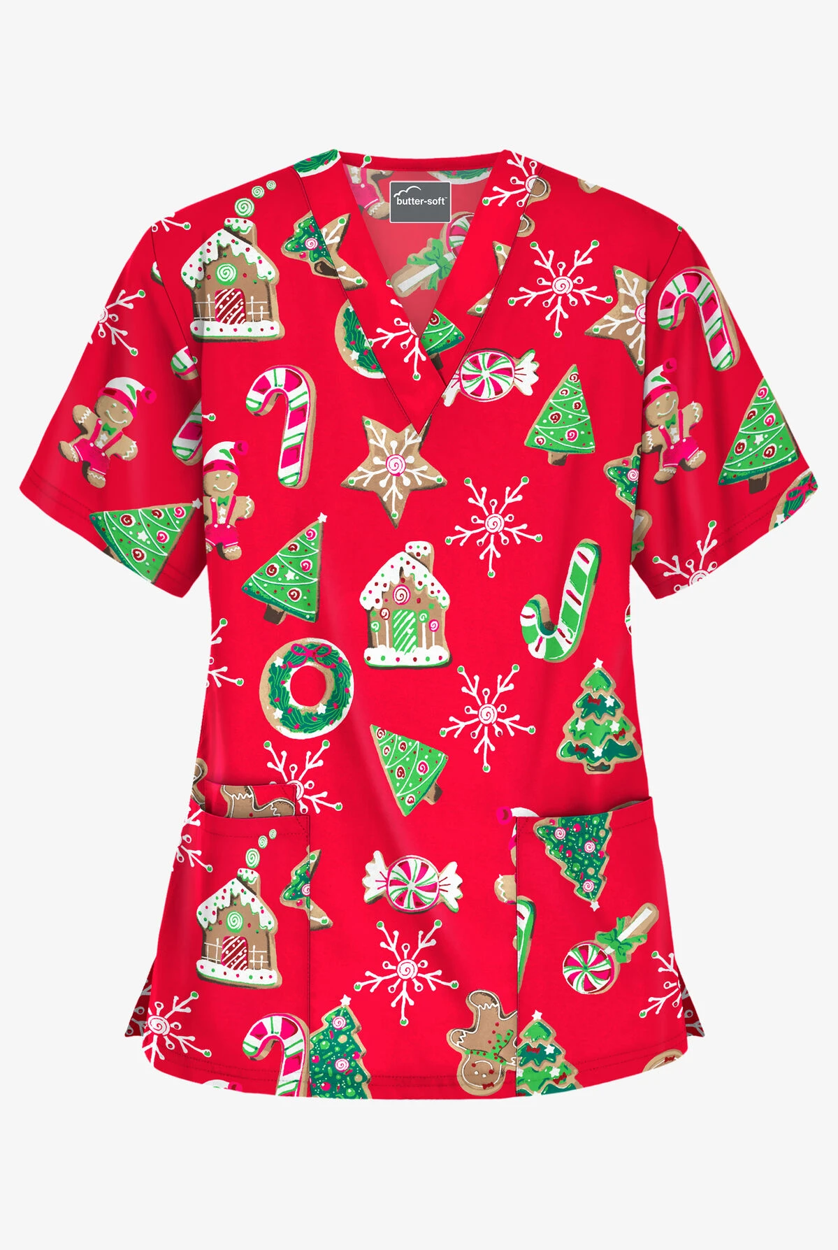 Butter-Soft Santa's Cookies Red Women's 3-Pocket V-Neck Print Scrub Top