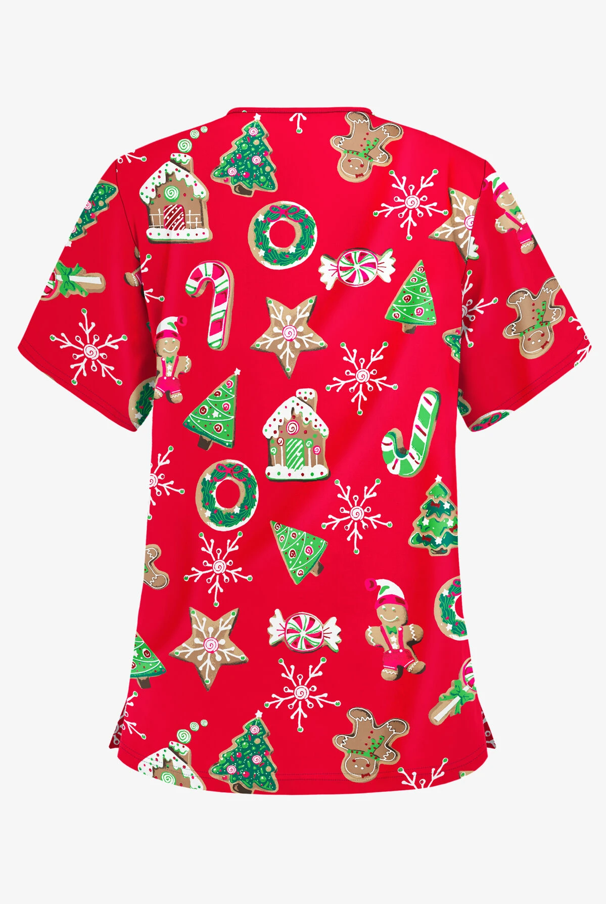 Butter-Soft Santa's Cookies Red Women's 3-Pocket V-Neck Print Scrub Top - Image 2