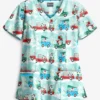 Butter-Soft Traveling With Santa Aqua Moon Women's 3-Pocket Criss Cross Print Scrub Top