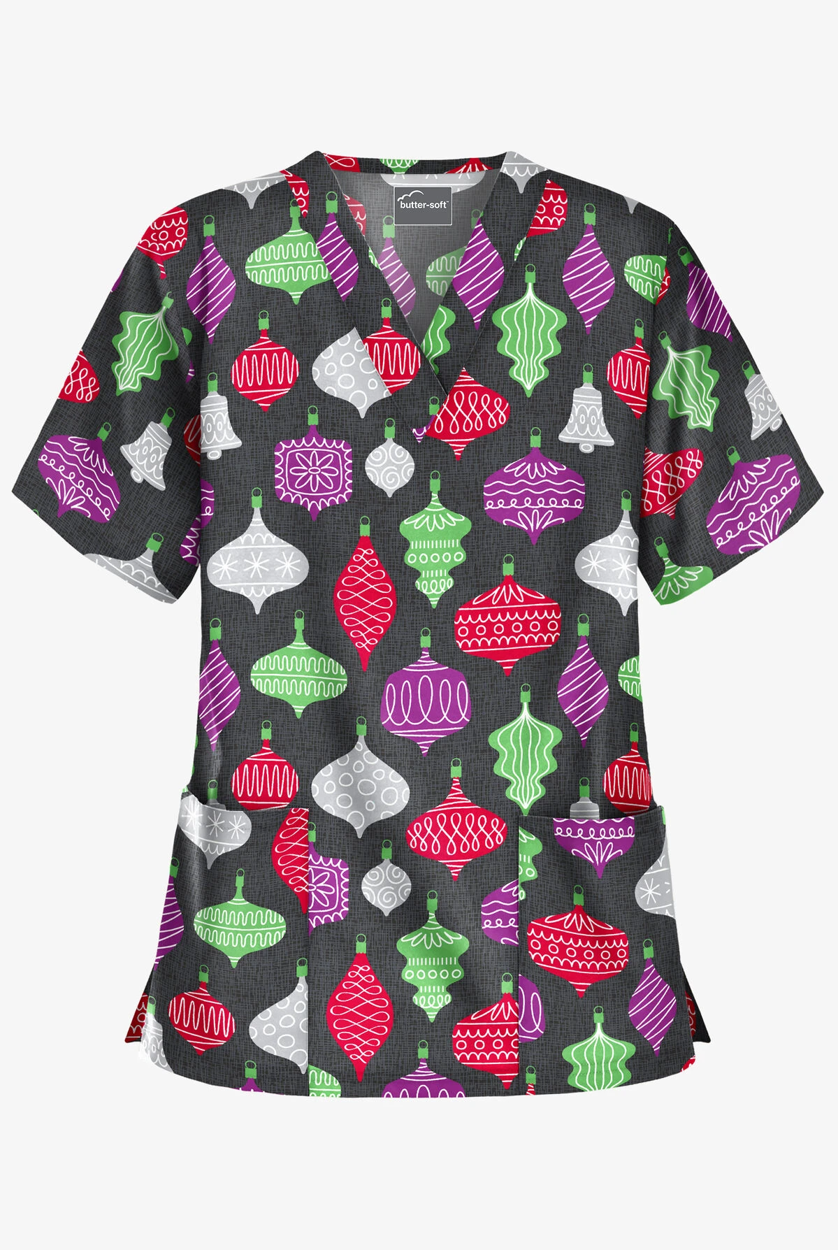 Butter-Soft Festive Ornaments Women's 2-Pocket Relaxed Fit V-Neck Print Scrub Top