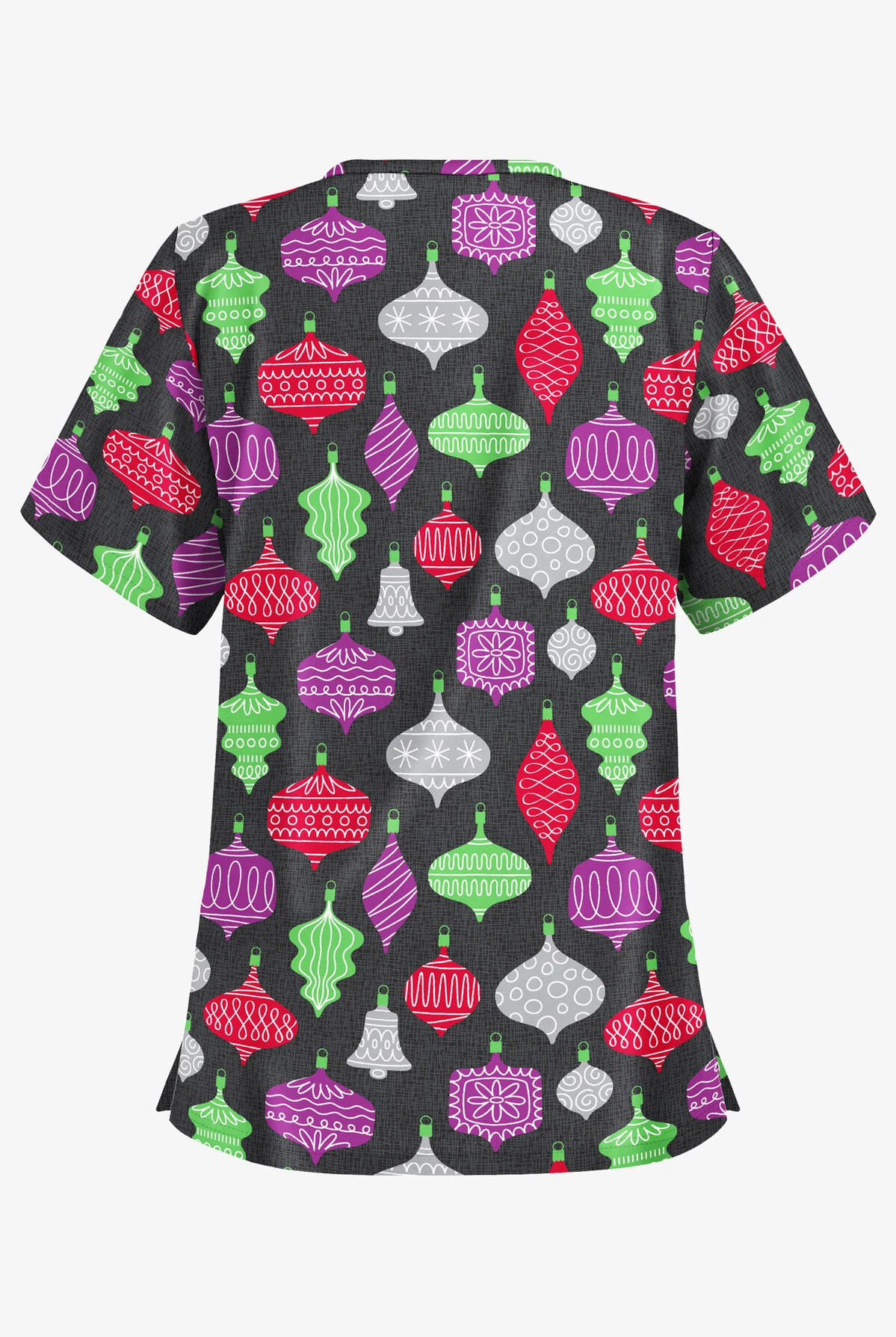 Butter-Soft Festive Ornaments Women's 2-Pocket Relaxed Fit V-Neck Print Scrub Top - Image 2