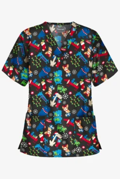 Butter-Soft Happy Dogs Women's 2-Pocket Relaxed Fit V-Neck Print Scrub Top