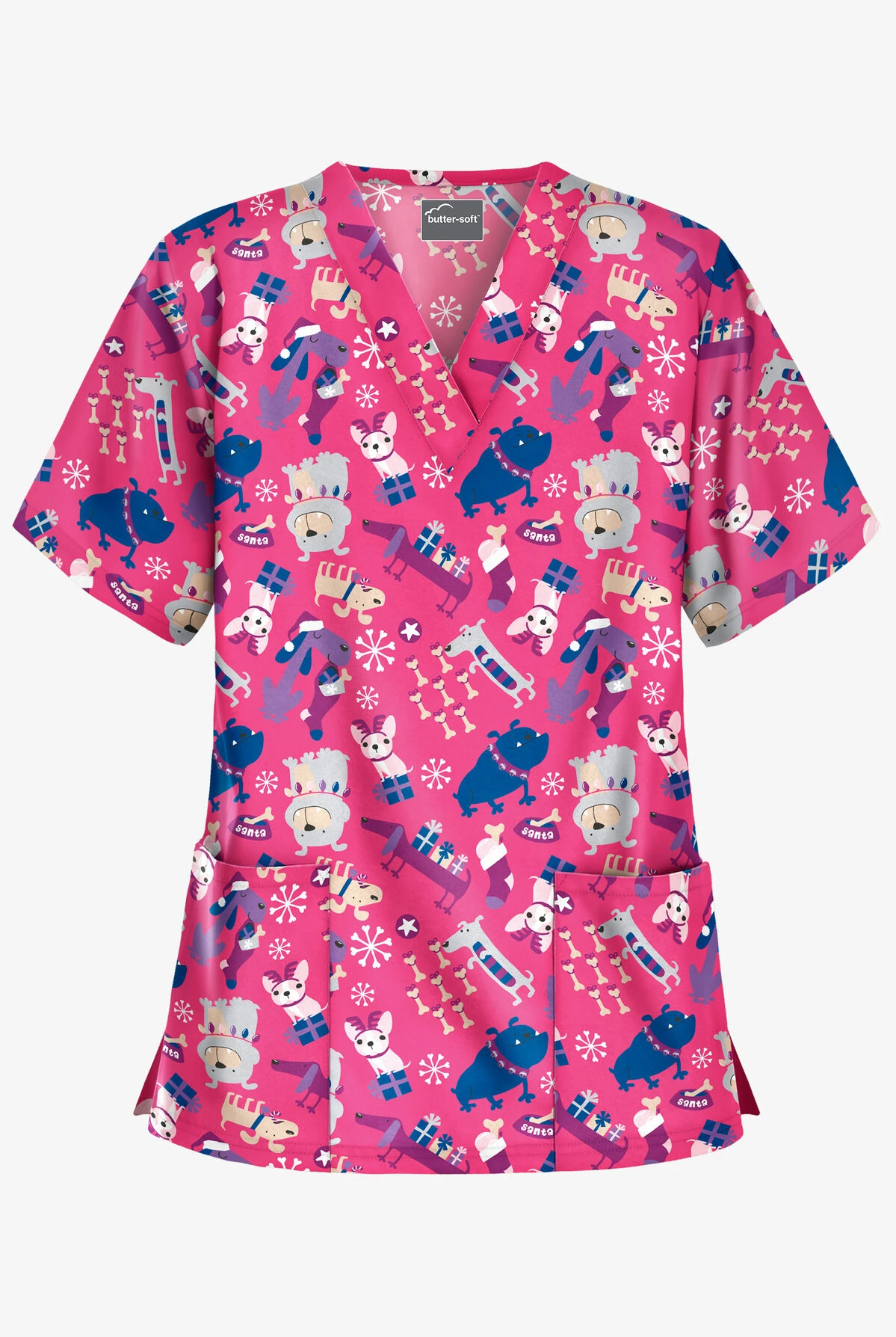Butter-Soft Happy Holiday Dogs Fuchsia Women's 2-Pocket Relaxed Fit V-Neck Print Scrub Top