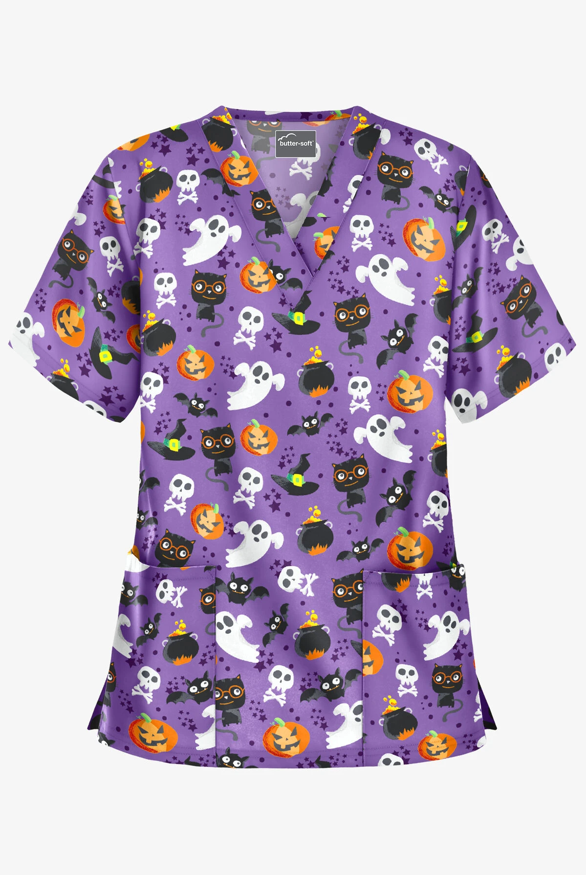 Butter-Soft Halloween Spell Purple Glow Women's 2-Pocket Relaxed Fit V-Neck Print Scrub Top