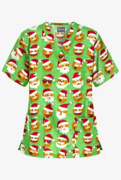 Butter-Soft X-Mas Emojis Grass Green Women's 2-Pocket Relaxed Fit V-Neck Print Scrub Top