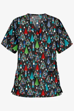 Butter-Soft X-Mas Park Women's 2-Pocket Relaxed Fit V-Neck Print Scrub Top
