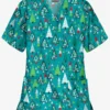 Butter-Soft X-Mas Park Teal Women's 2-Pocket Relaxed Fit V-Neck Print Scrub Top