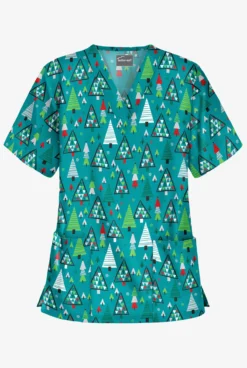Butter-Soft X-Mas Park Teal Women's 2-Pocket Relaxed Fit V-Neck Print Scrub Top