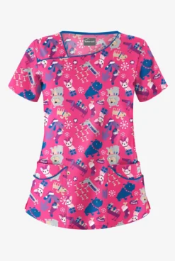 Butter-Soft Happy Holiday Dogs Fuchsia Women's 4-Pocket Asymmetrical Neck Print Scrub Top