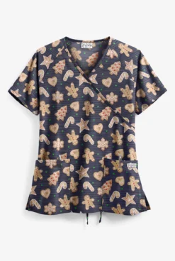 UA Gingerbread Cookies Granite Women's 2-Pocket Mock Wrap Print Scrub Top