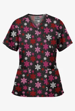 Butter-Soft Morning Snow Women's 2-Pocket Mock Wrap Print Scrub Top