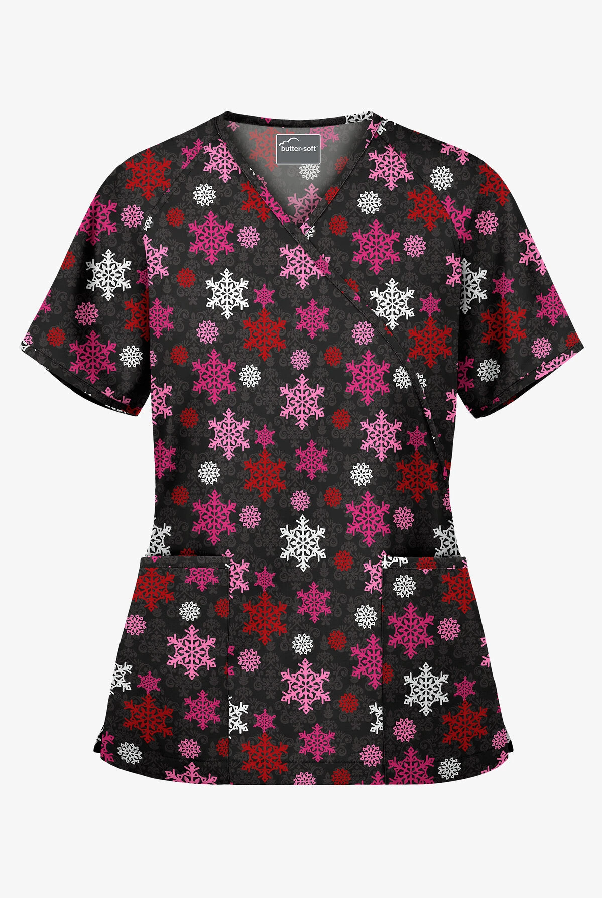 Butter-Soft Morning Snow Women's 2-Pocket Mock Wrap Print Scrub Top