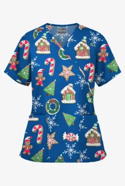 Butter-Soft Santa's Cookies Royal Women's 2-Pocket Mock Wrap Print Scrub Top