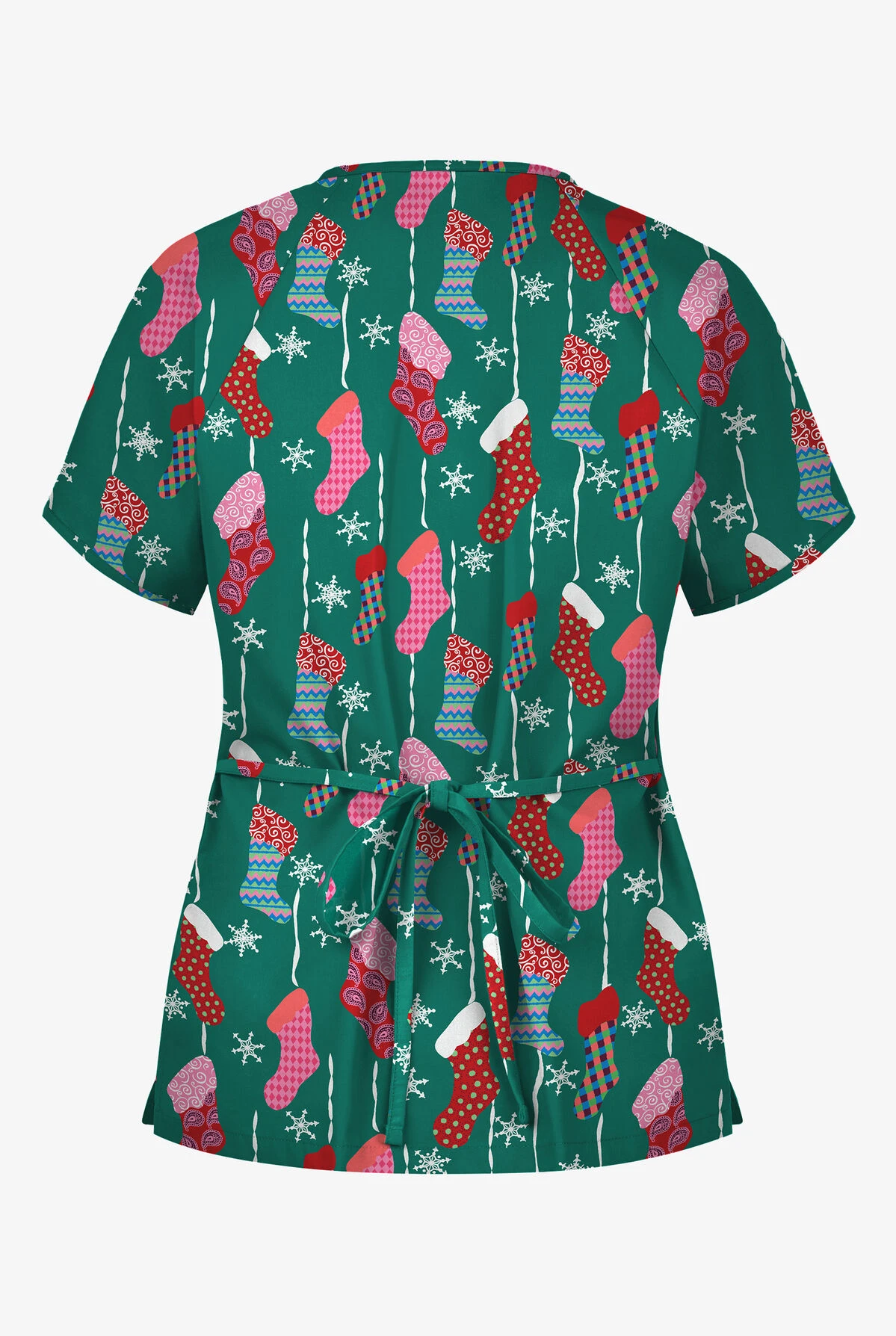 Butter-Soft Waiting For Santa Hunter Women's 2-Pocket Mock Wrap Print Scrub Top - Image 2