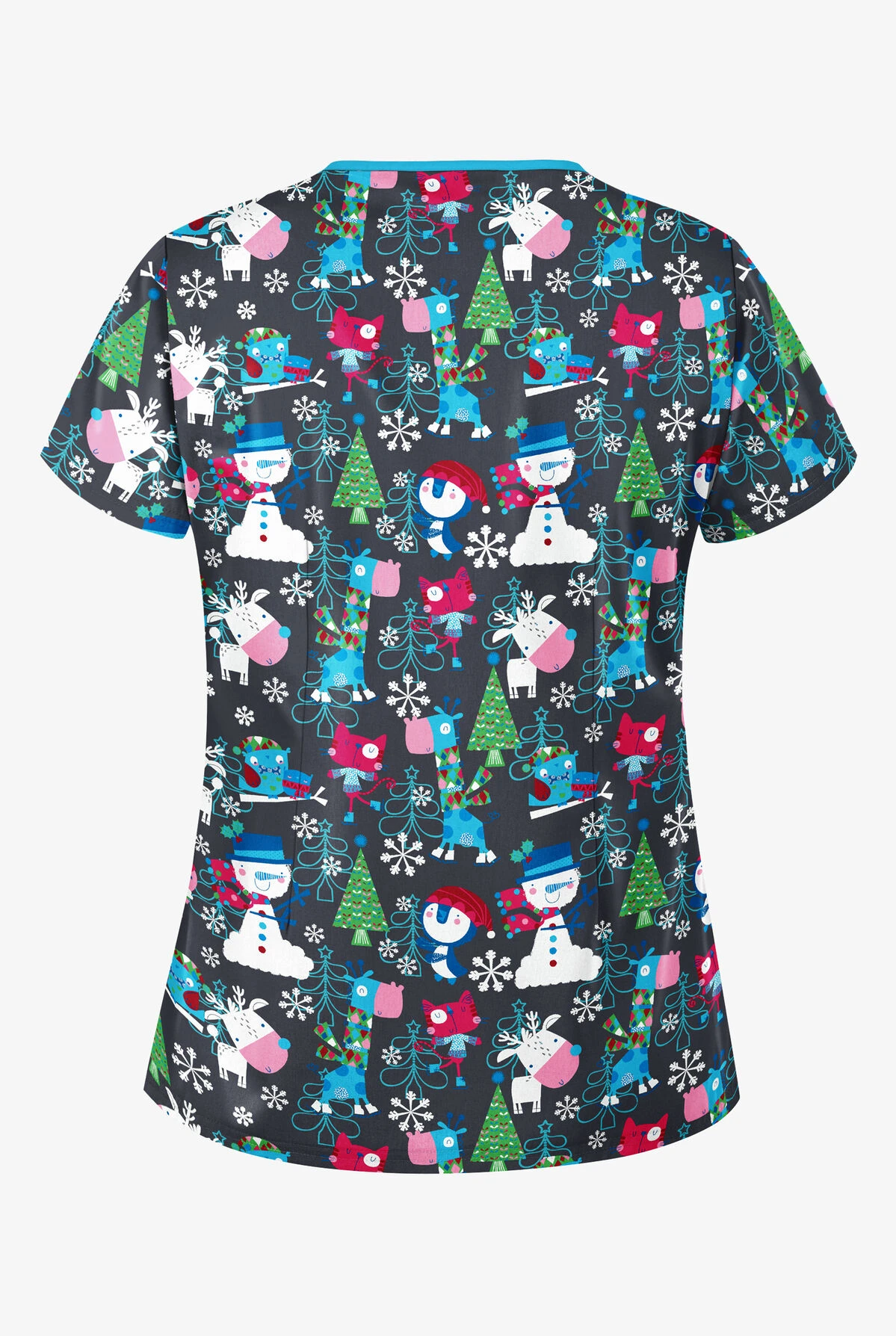 Butter-Soft Holiday Party Pewter Women's 4-Pocket Princess Seam Print Scrub Top - Image 2