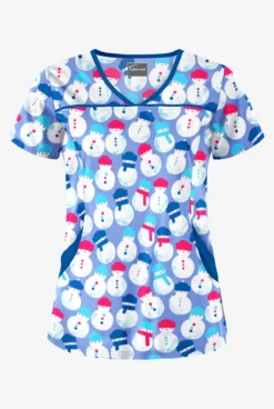 Butter-Soft Snowman Party Ceil Women's 4-Pocket Princess Seam Print Scrub Top