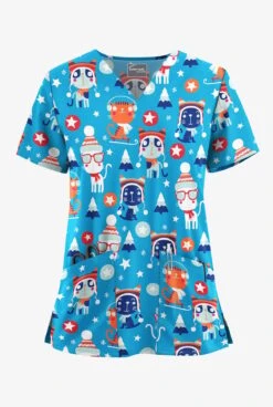 UA Butter-Soft Stretch Christmas Kitties Turquoise Women's 2-Pocket V-Neck Printed Scrub Top