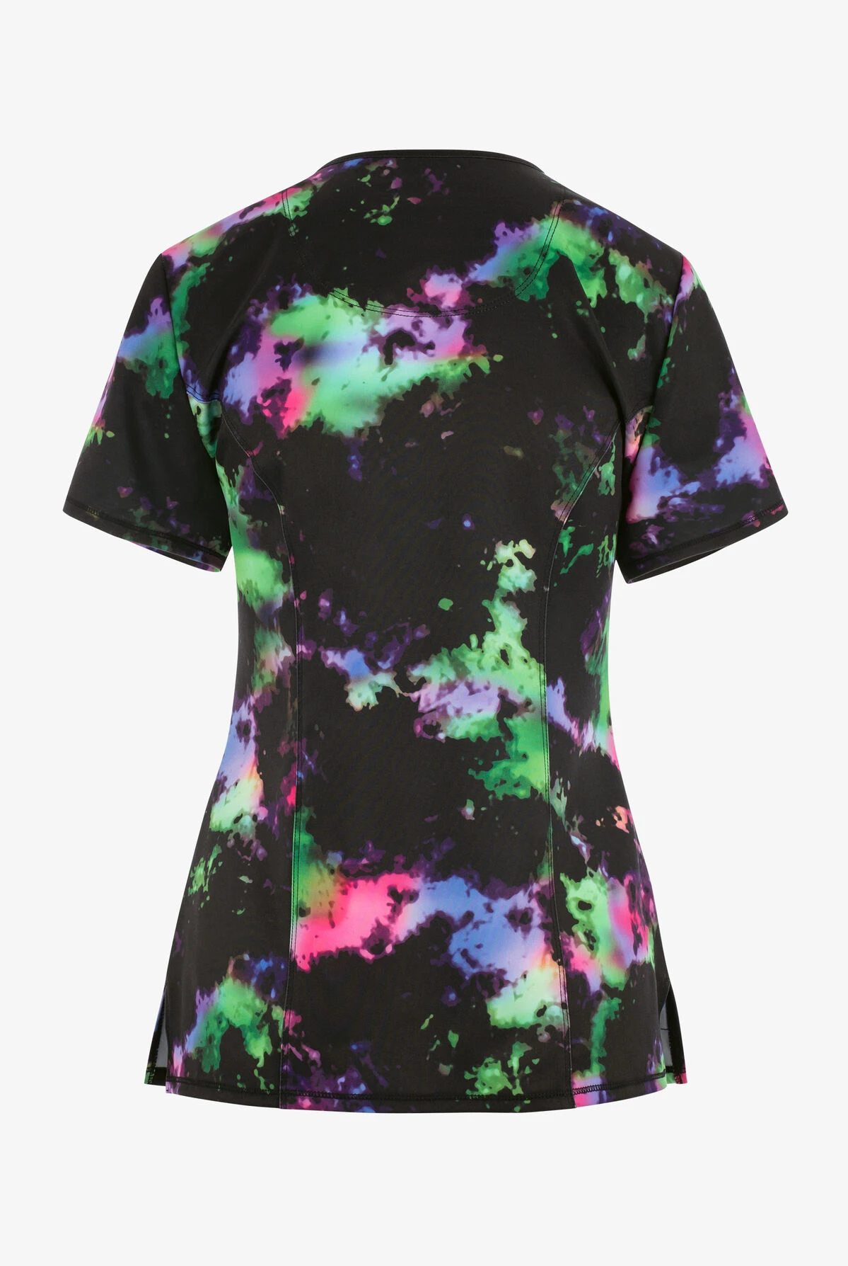 Cherokee Infinity Color-blur Texture Tie Dye Women's 3-Pocket STRETCH Mock Wrap Print Scrub Top - Image 2