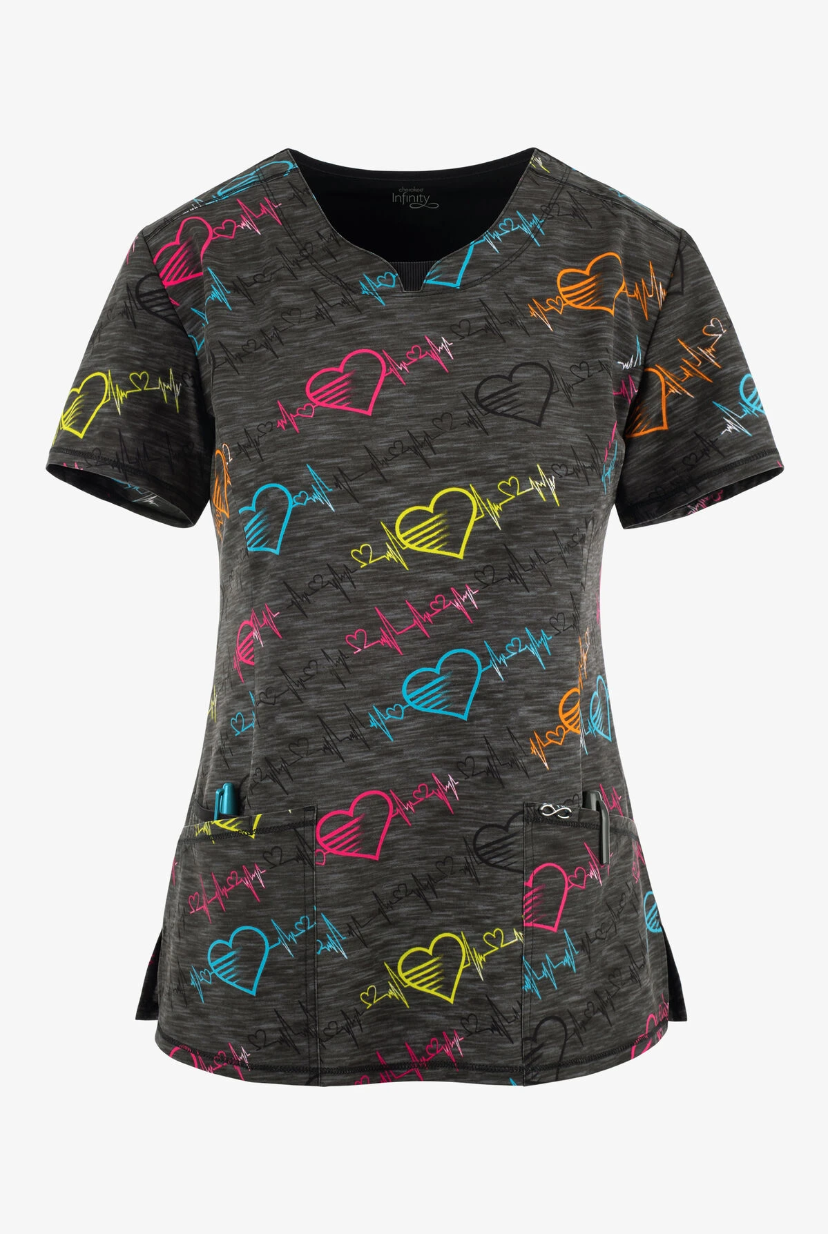 Cherokee Infinity Pop Beats EKG Hearts Women's 3-Pocket STRETCH V-Neck Print Scrub Top