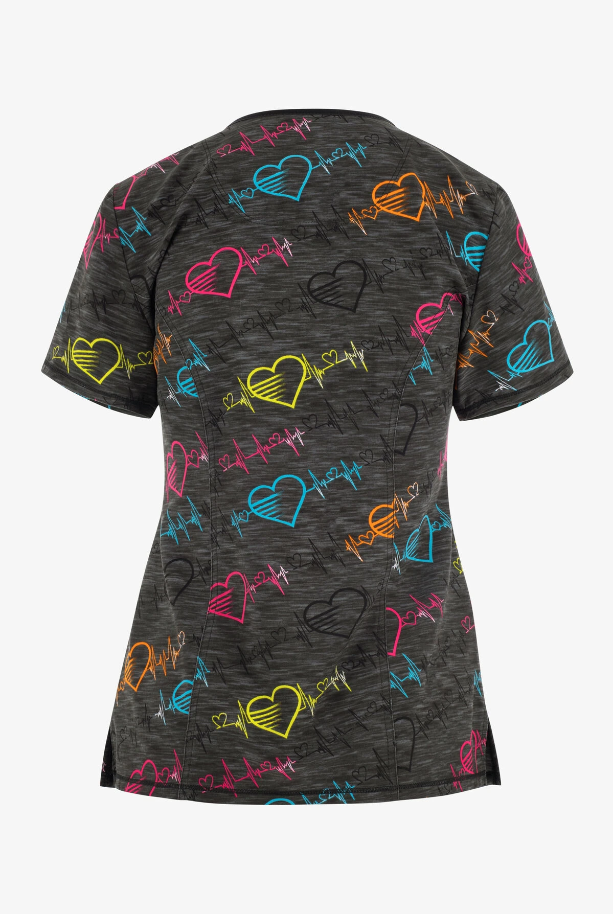 Cherokee Infinity Pop Beats EKG Hearts Women's 3-Pocket STRETCH V-Neck Print Scrub Top - Image 2
