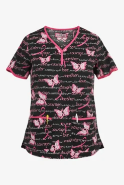 Koi Butterfly & Words Fashion Eve Women's 2-Pocket Y-Neck Print Scrub Top