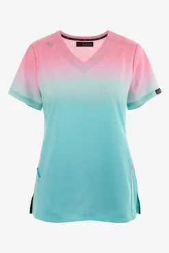 UA Exclusive Koi Basics HeatherPink/Sage/Mint Ombre Women's 2-Pocket STRETCH V-Neck Print Scrub Top