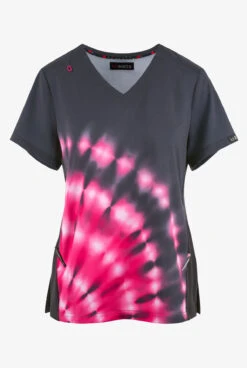 Koi Basics Tie Dye Burst Flamingo Women's 2-Pocket STRETCH V-Neck Print Scrub Top