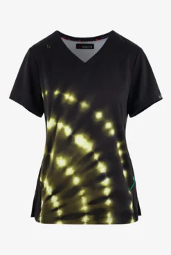 Koi Basics Tie Dye Burst Olive Women's 2-Pocket STRETCH V-Neck Print Scrub Top