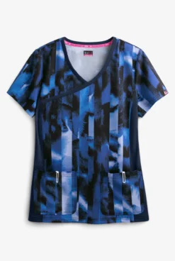 Koi Lite⢠STRETCH Watermark Stripe Blues Women's 3-Pocket Mock Wrap Print Scrub Top