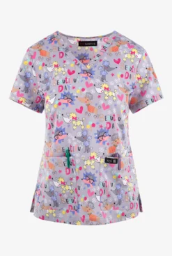 Koi Basics Beautiful Day Whimsical Women's 2-Pocket STRETCH V-Neck Print Scrub Top