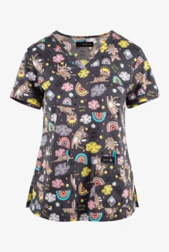 Koi Basics Toof Fairy Cats Women's 2-Pocket STRETCH V-Neck Print Scrub Top