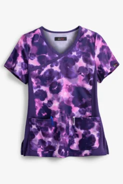 Koi Lite⢠Raquel Cheetah Tie Dye Women's 2-Pocket Mock Wrap STRETCH Print Scrub Top